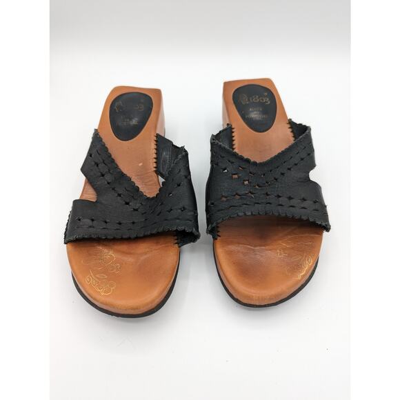 1803 Made In Portugal Black Genuine LEATHER SLIP ON HEEL SANDALS SZ 40 US 8.5 - Picture 1 of 6